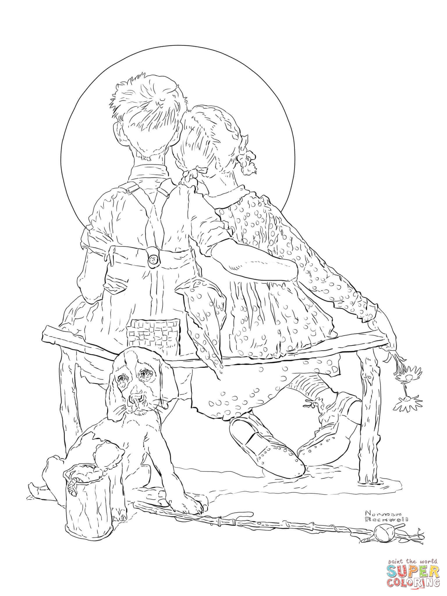 Boy and girl gazing at the moon by norman rockwell coloring page free printable coloring pages