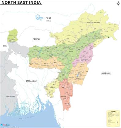 North east india detailed map fine art print