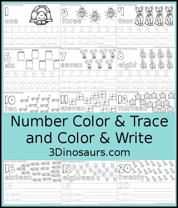 Free number coloring tracing printable with numbers to dinosaurs