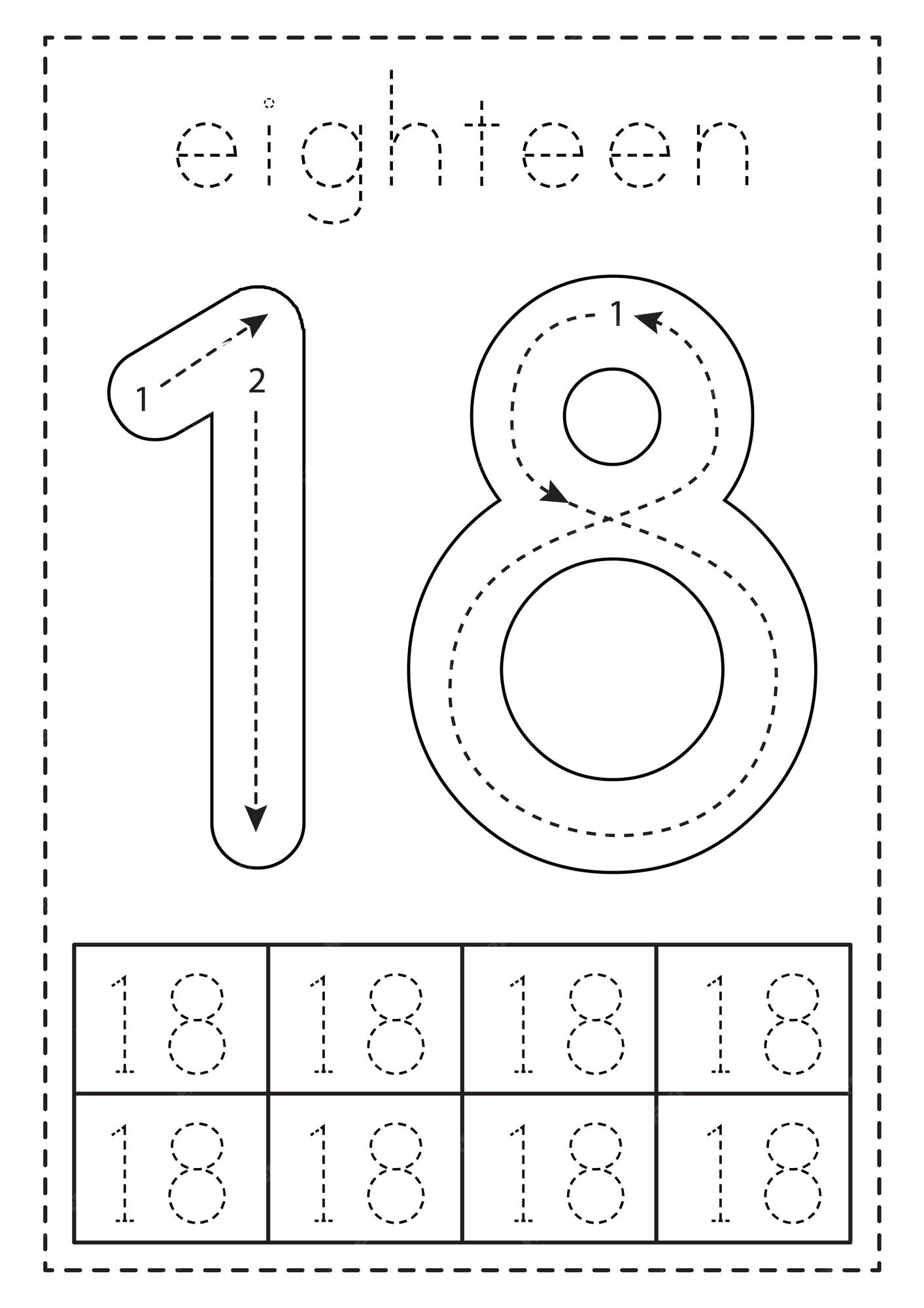 Premium vector tracing number eighteen preschool worksheet black and white
