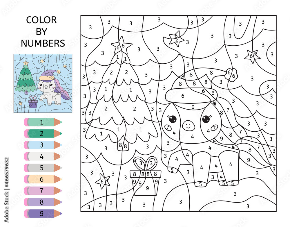 Color by number educational game cute kawaii unicorn gift box and christmas tree learn numbers for preschoolers black and white coloring page printable worksheet vector