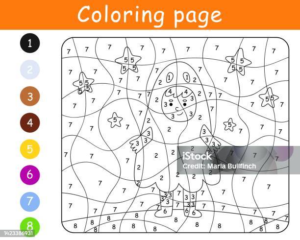 Number coloring page for preschool kids educational game earth day vector space moon and stars stock illustration