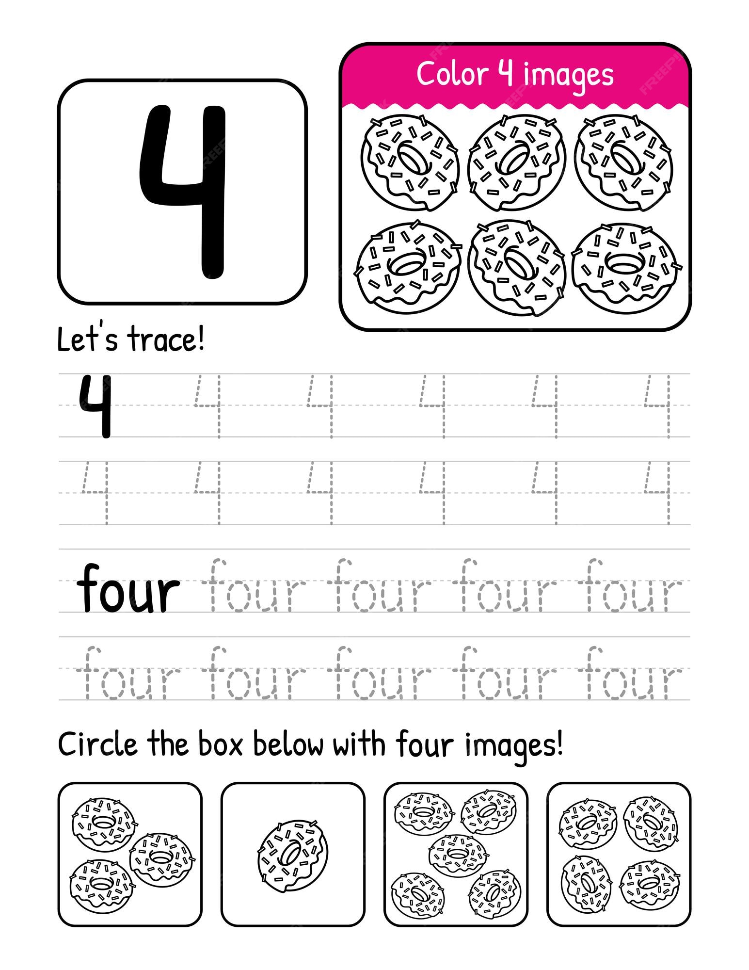 Premium vector word and number four tracing book interior worksheet page with coloring and counting activities
