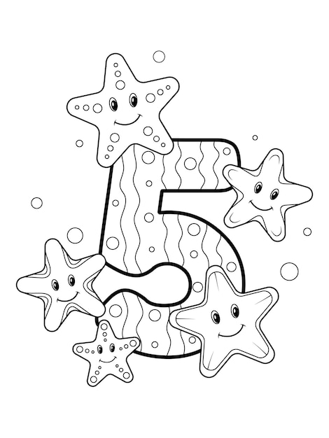 Premium vector coloring page numbers education and fun for childrens printable worksheet five and starfish