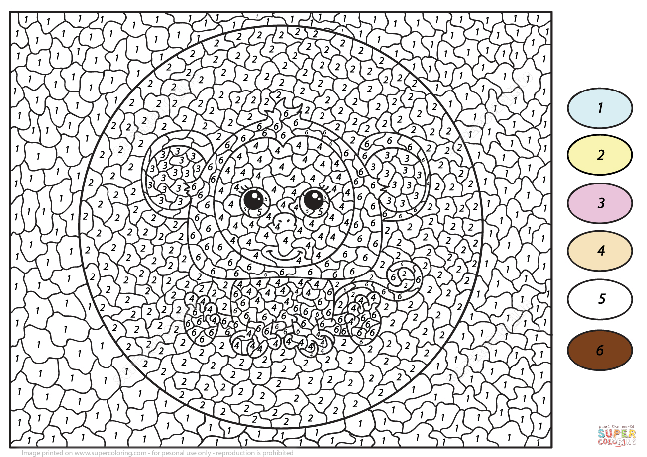 Cute monkey color by number free printable coloring pages
