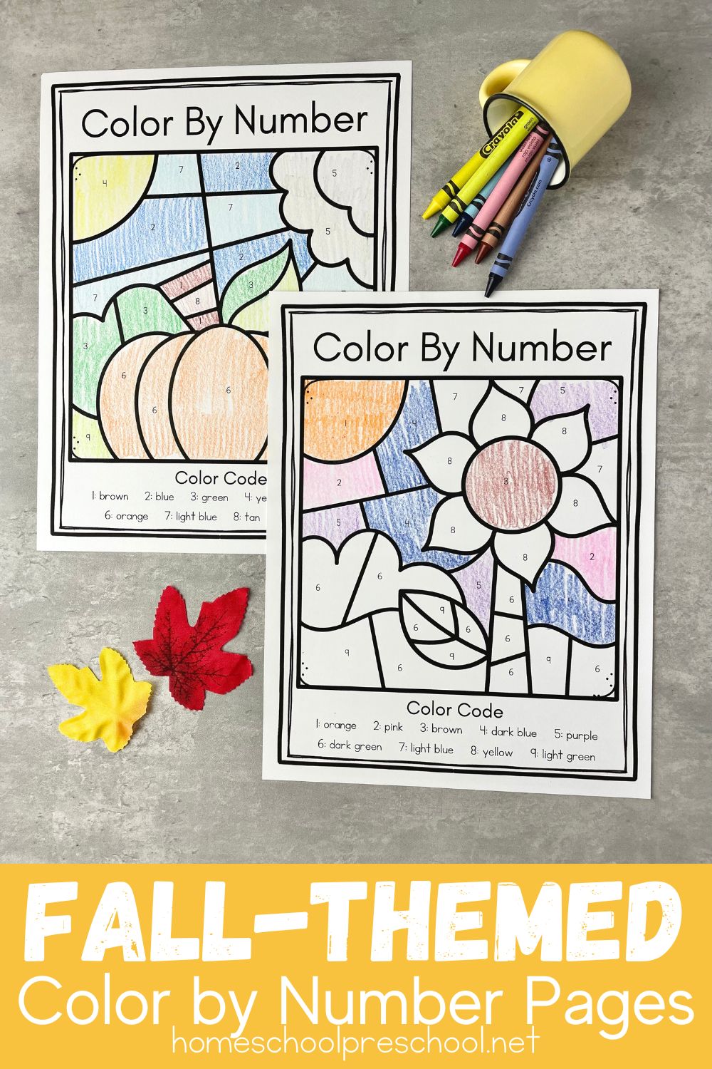 Free printable fall color by number worksheets