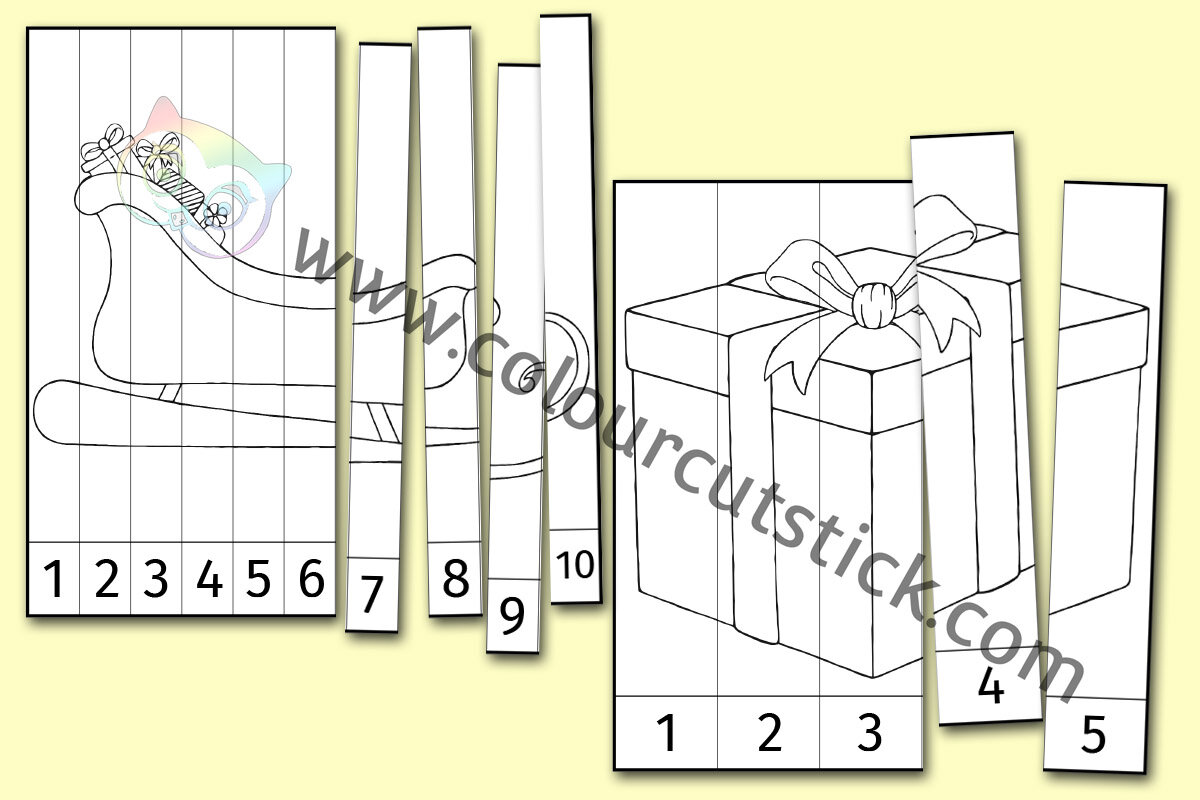 Free christmas number slice puzzle colouring coloring pages pack â colour cut stick