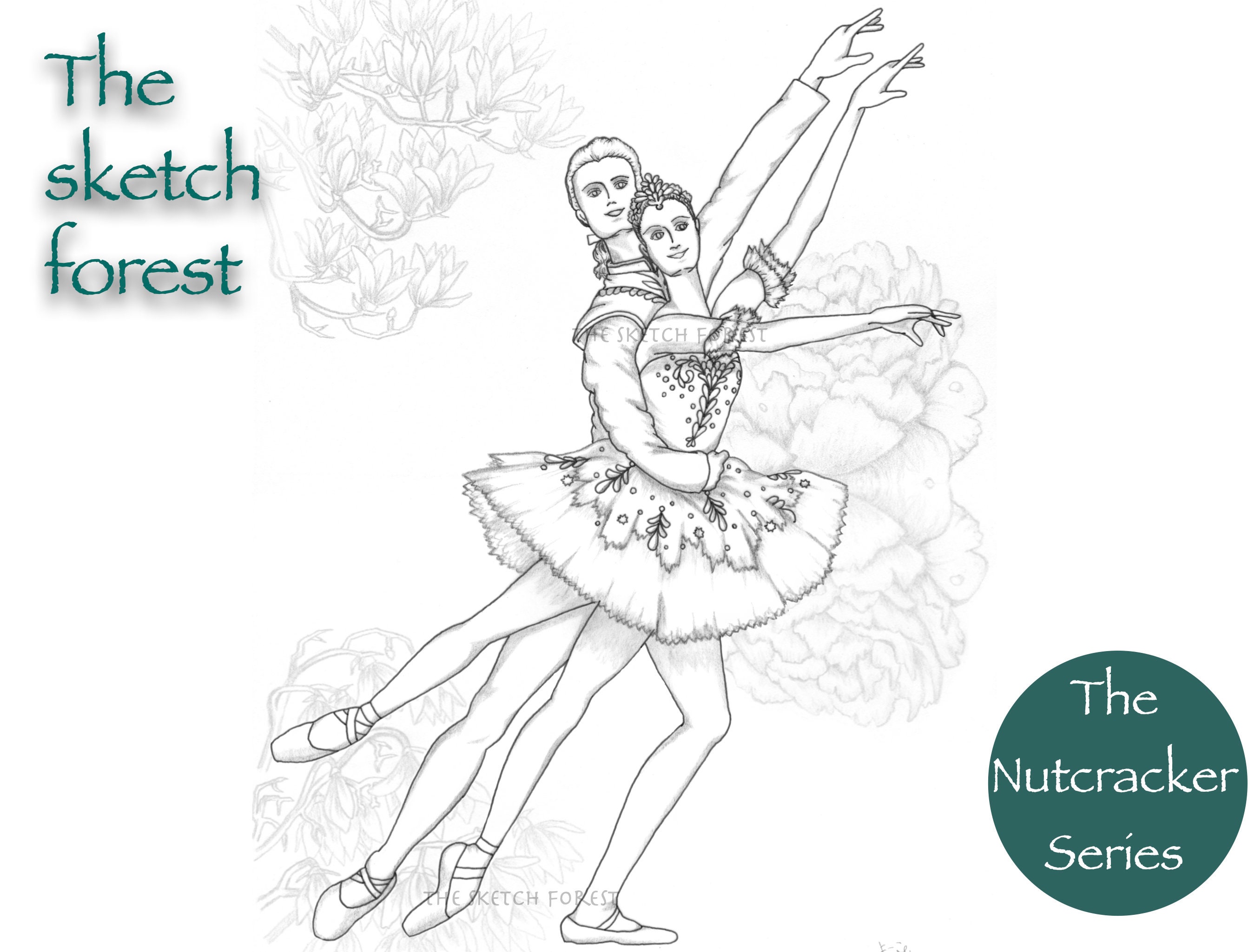 Printable coloring page l ballet illustration l sugar plum fairy and the prince the nutcracker l greyscale l instant download pdf jpg