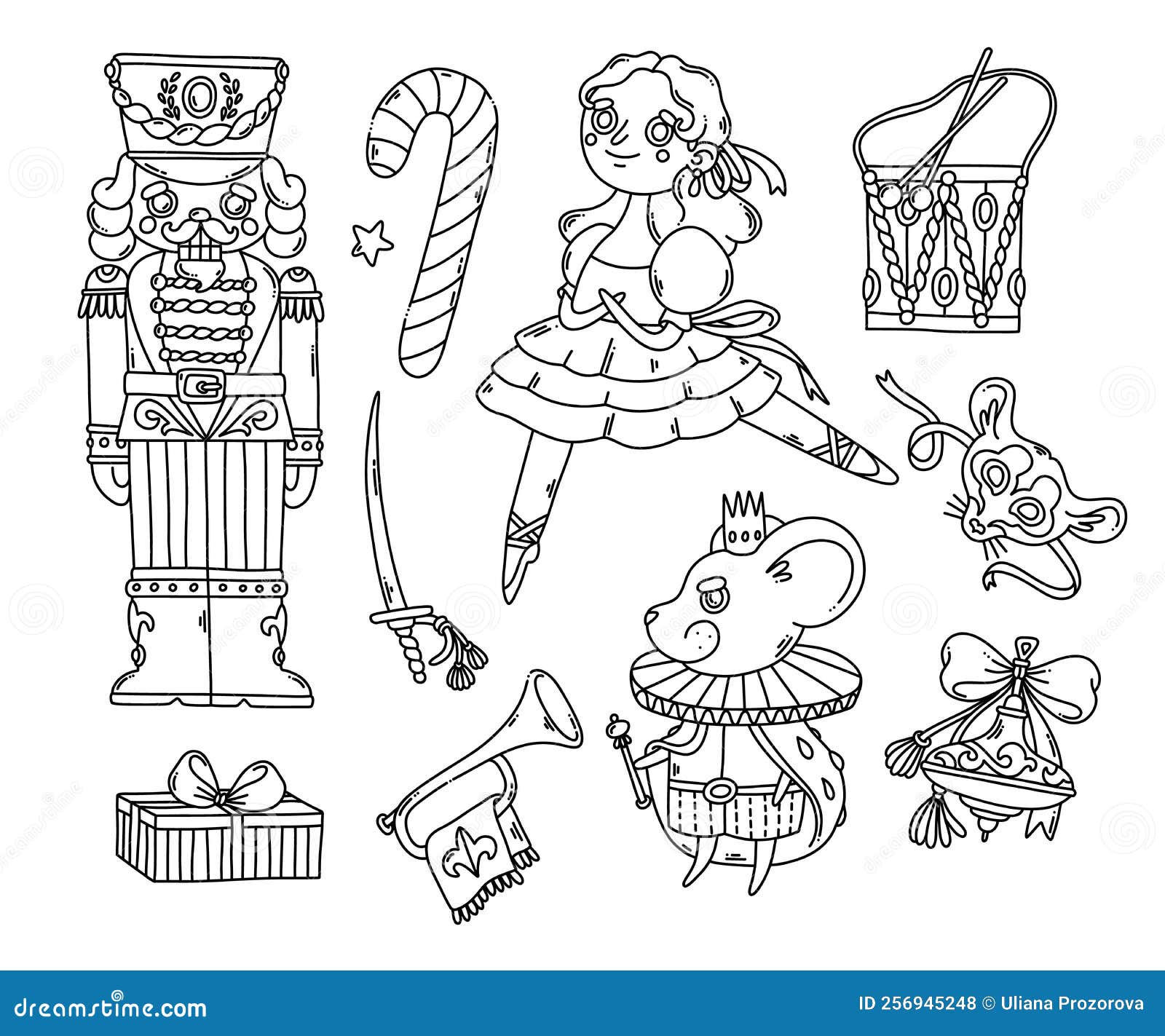 Nutcracker ballet dancer mouse king and christmas elements coloring page black outline stock vector