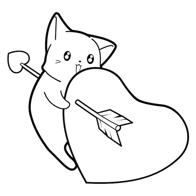 Premium vector kitty with heart cartoon character coloring page