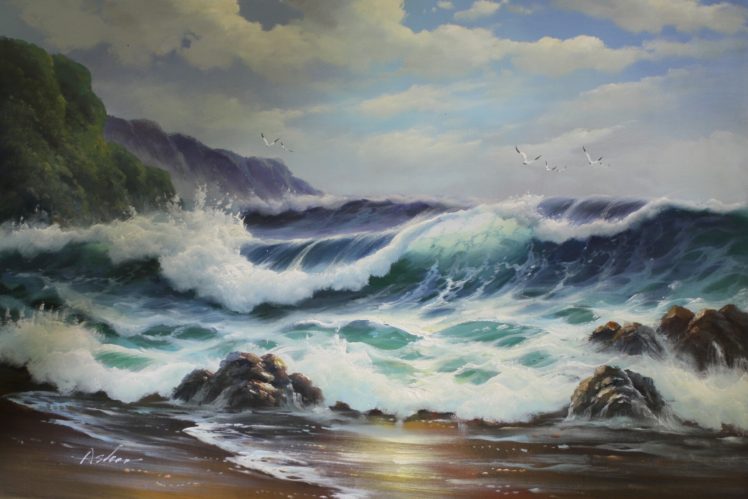 Nature water sea waves coast rock cliff birds clouds painting artwork oil painting hd wallpapers desktop and mobile images photos