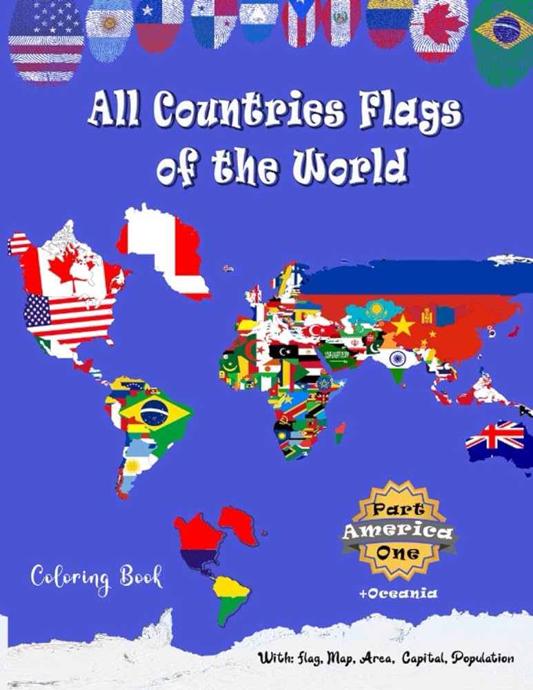 All countries flags of the world coloring book part one america oceania continent book for kids with flags maps capitals population and area statistics publishing sefar keys books
