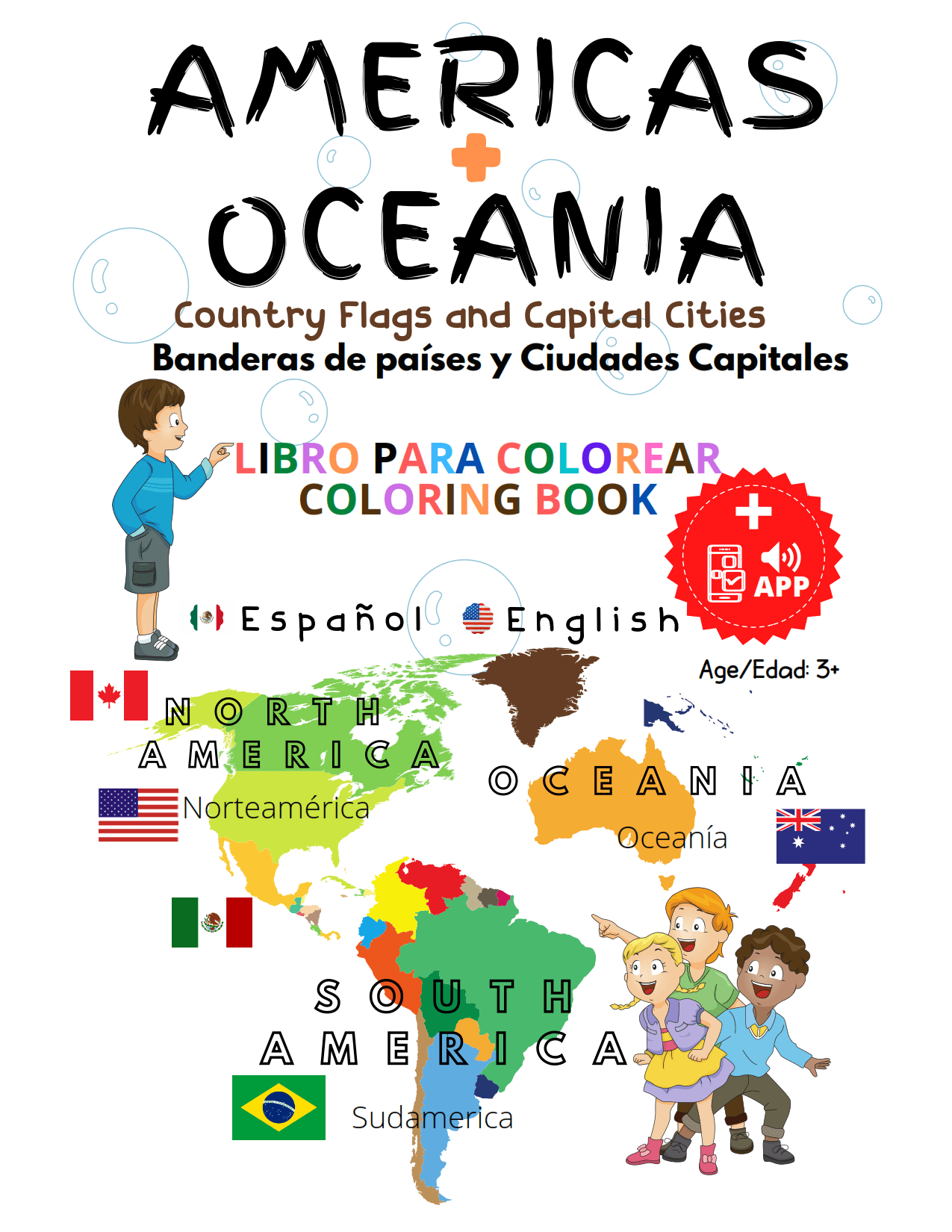 Countries flags capitals in america oceania bilingual coloring books with audio app