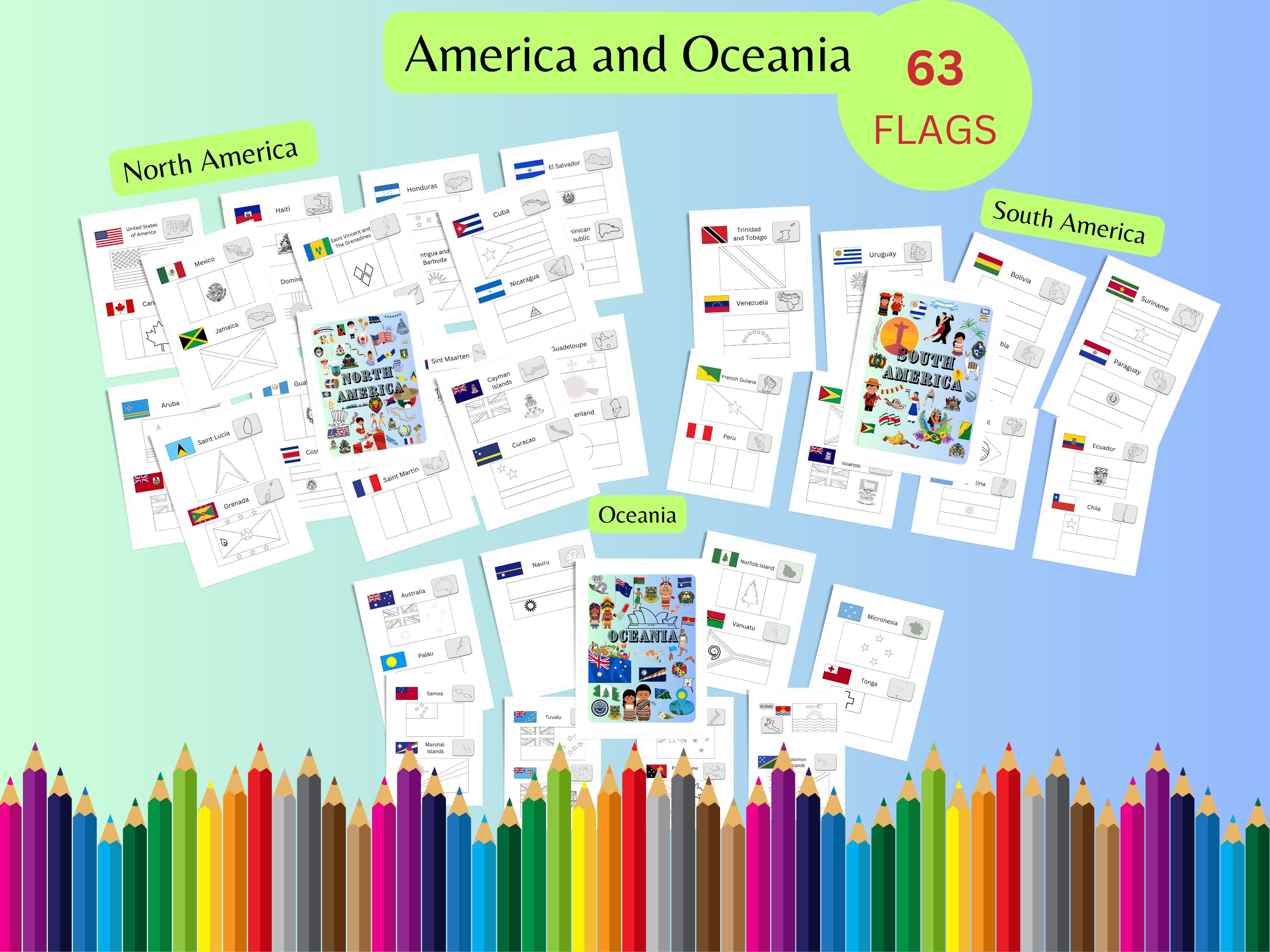 America and oceania flags coloring printable pages