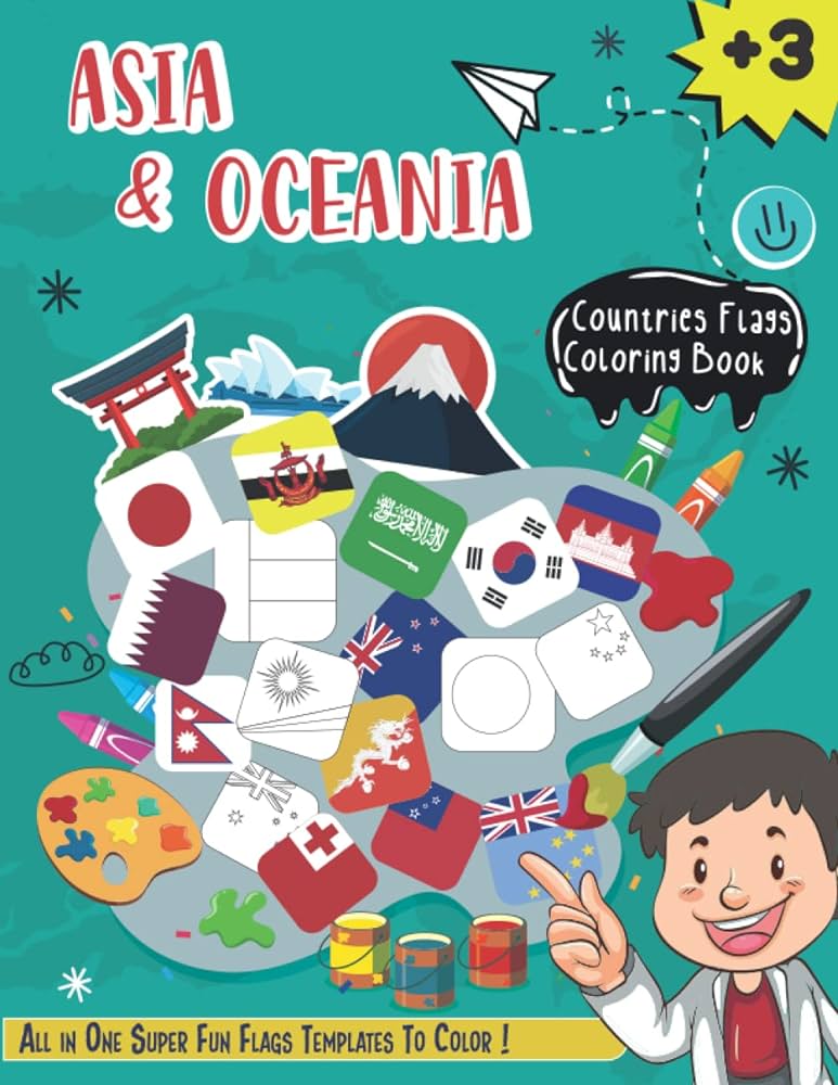 Asia and oceania countries flags coloring book edutional coloring by number for kids and adults publishing aduchild books