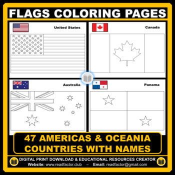 Flags coloring pages of americas oceania countries with names tpt