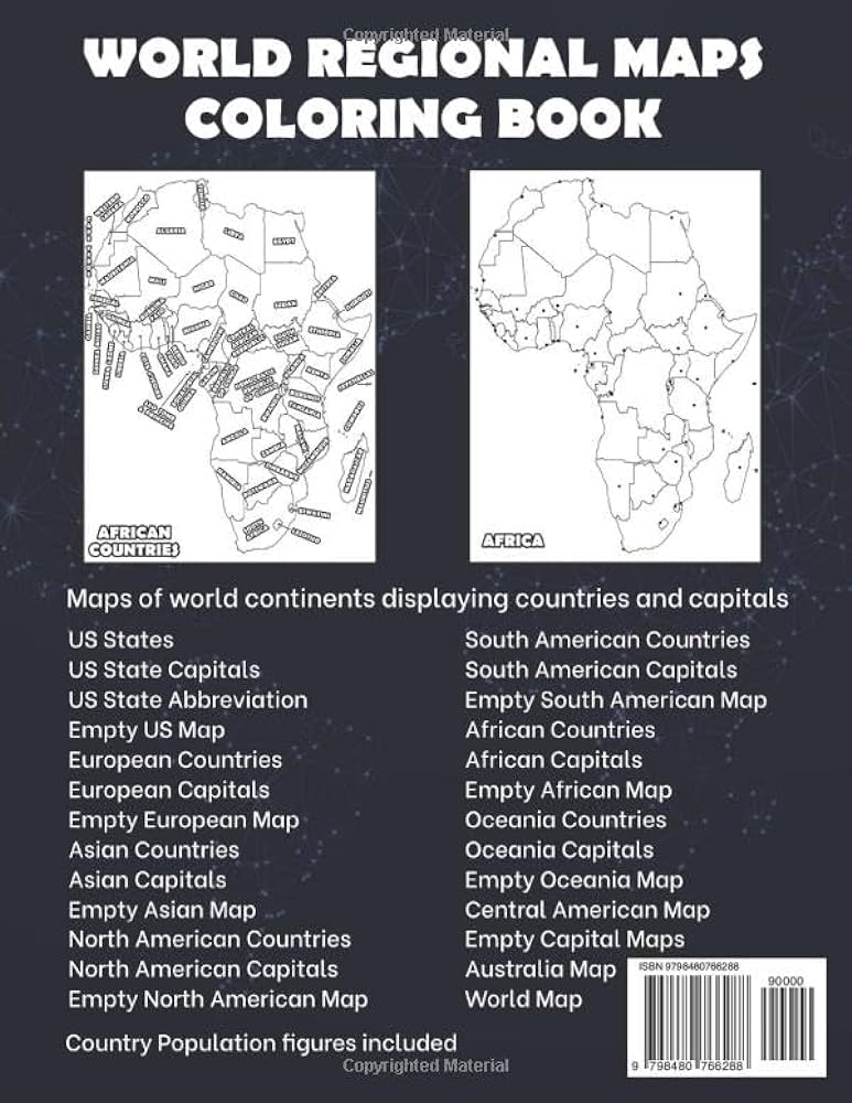 World map coloring book maps of the world continents featuring country border capitals population figures and empty maps storey ryan storey ryan books