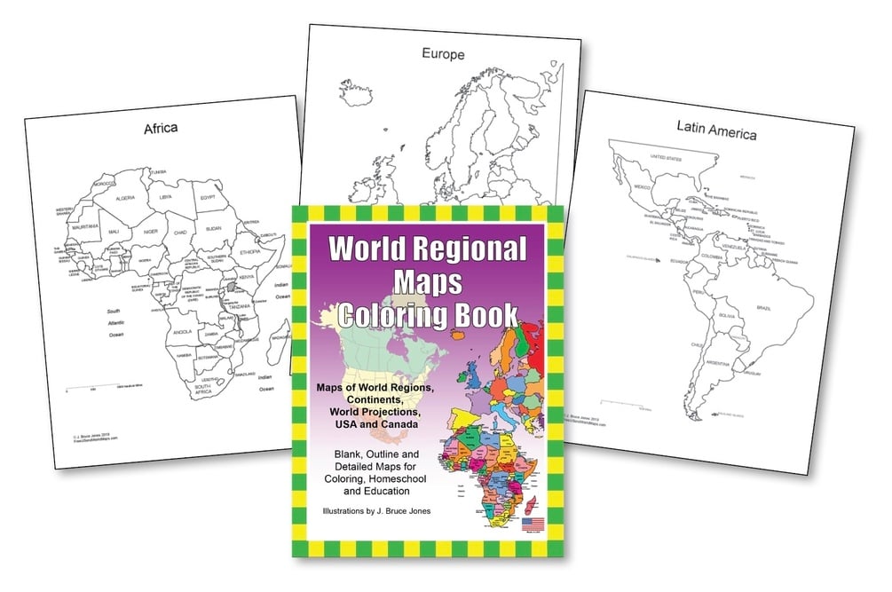 World regional maps printable pdf coloring book blank outline maps continents world projections usa and canada