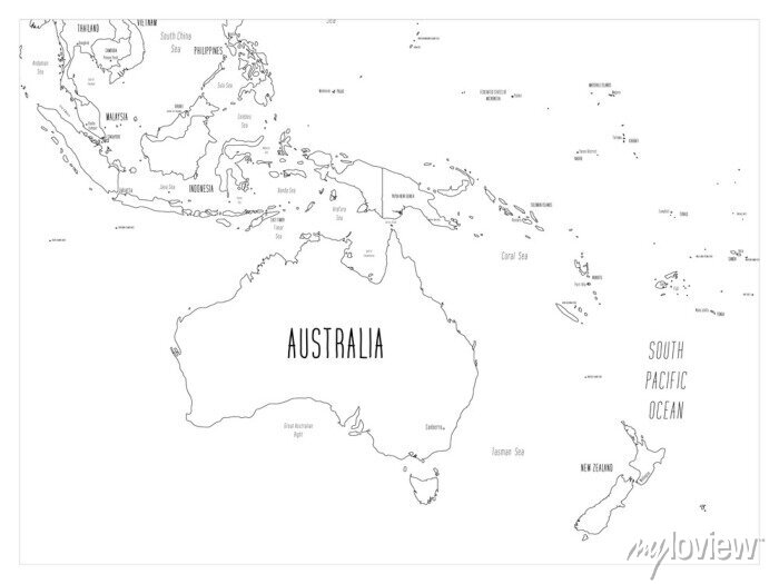 Political map of australia and oceania black outline hand