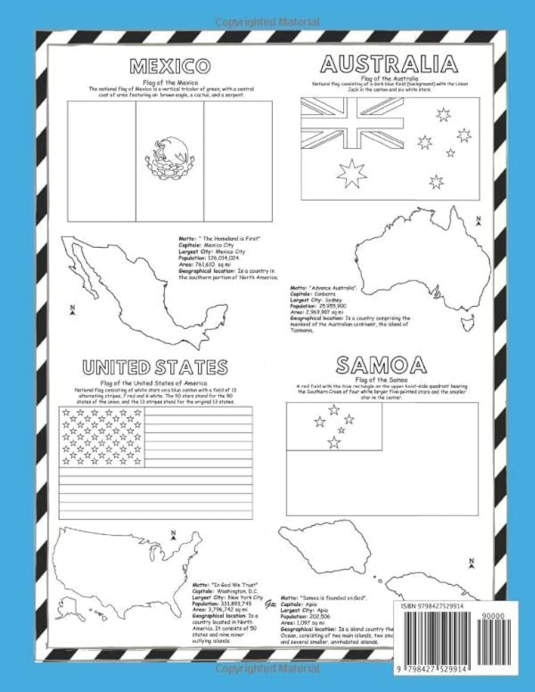 World maps flags americas and oceania coloring book learn and color countries names capitals maps and flags around the world great geography and flags coloring book for kids