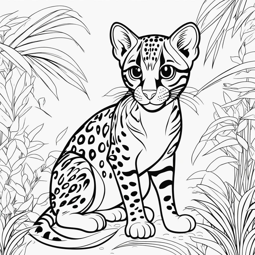Coloring book template jaguar in a forest