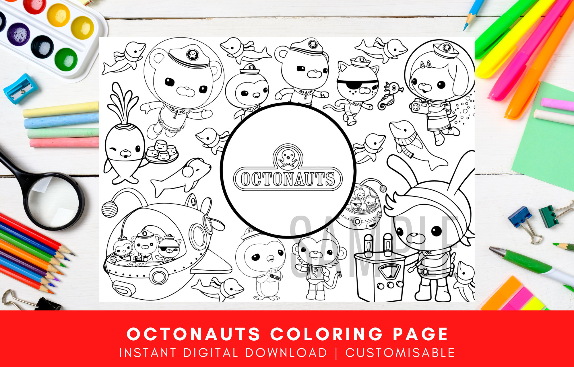 Octonauts kids happy birthday digital personalisable placemat childrens party bag filler printable colouring pages digital decorations