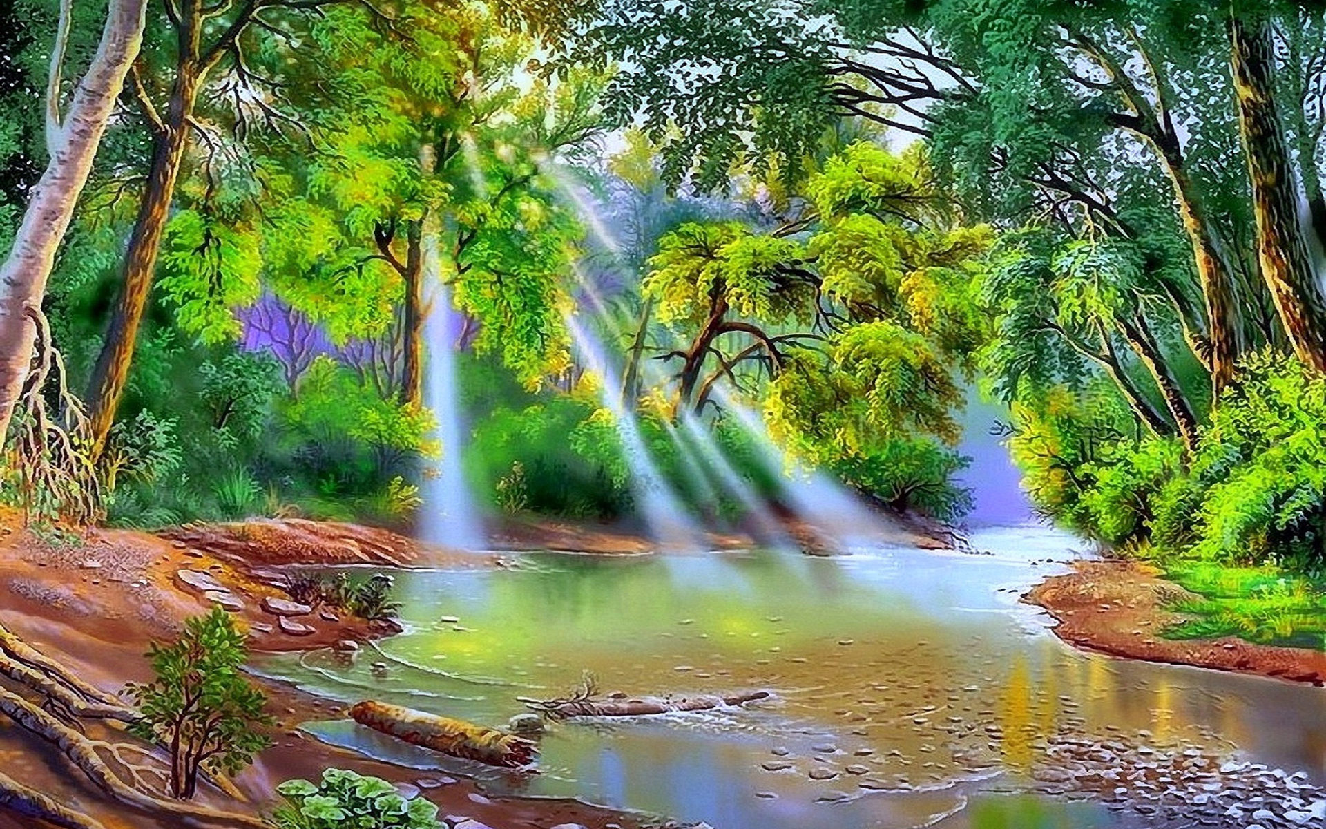 Nature river trees with green leaves sun rays art hd wallpaper
