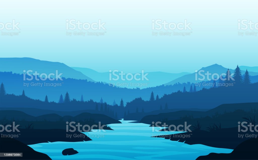 Mountains lake and river landscape silhouette tree horizon landscape wallpaper sunrise and sunset illustration vector style colorful view background stock illustration