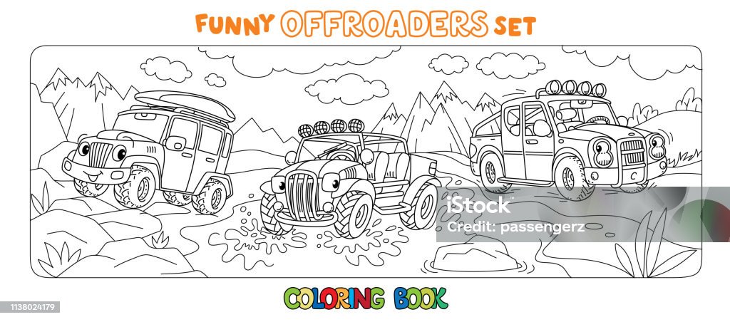 Funny buggy car or outroader coloring book set stock illustration