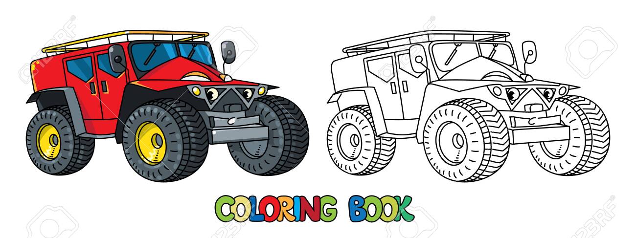 Small funny rescue vehicle or truck coloring book for kids vector cute offroader or suv with eyes and mouth children vector illustration car coloring book royalty free svg cliparts vectors and stock