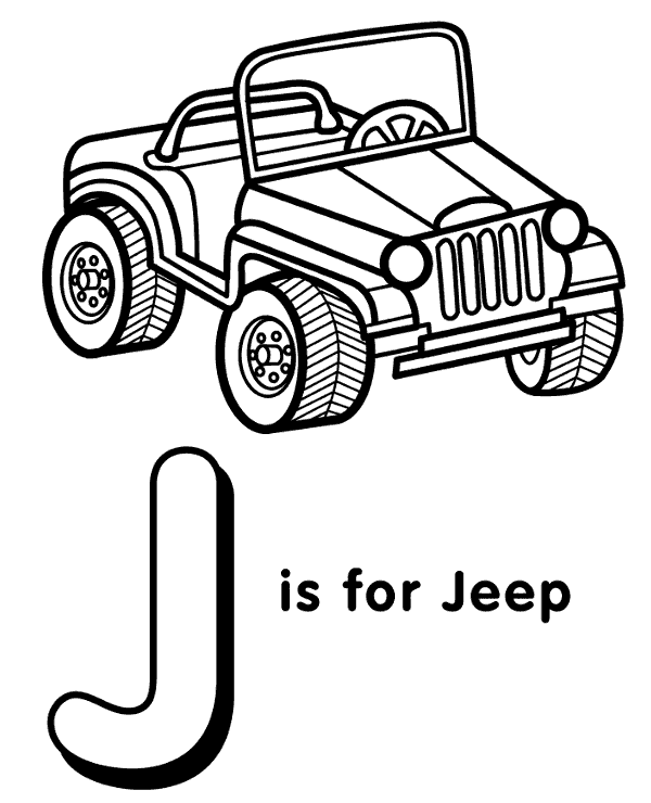 Letter j and a jeep coloring page