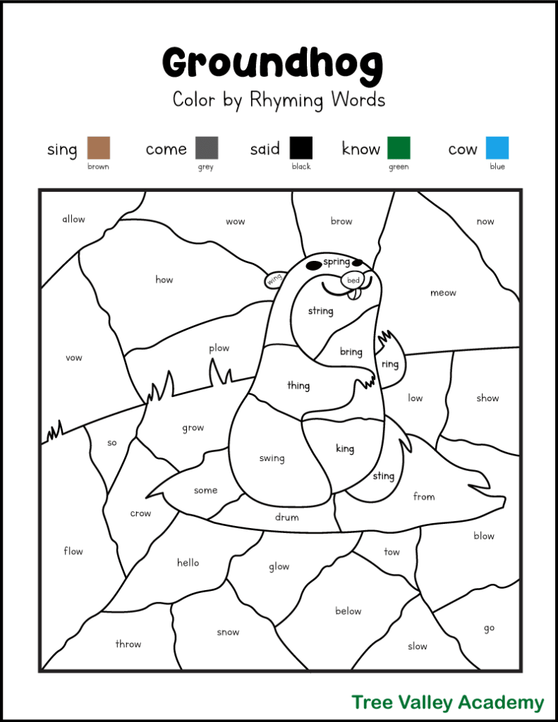 Groundhog day coloring rhyming worksheets for st grade
