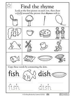 Rhyming words fish and dish kindergarten preschool reading writing worksheet