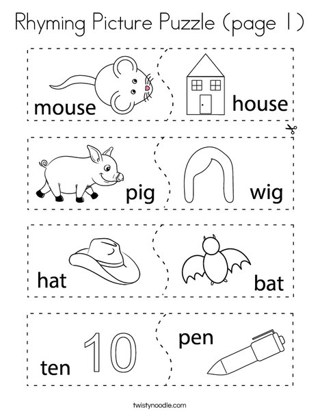 Rhyming picture puzzle page coloring page