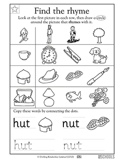 Rhyming words hut and nut kindergarten preschool reading writing worksheet