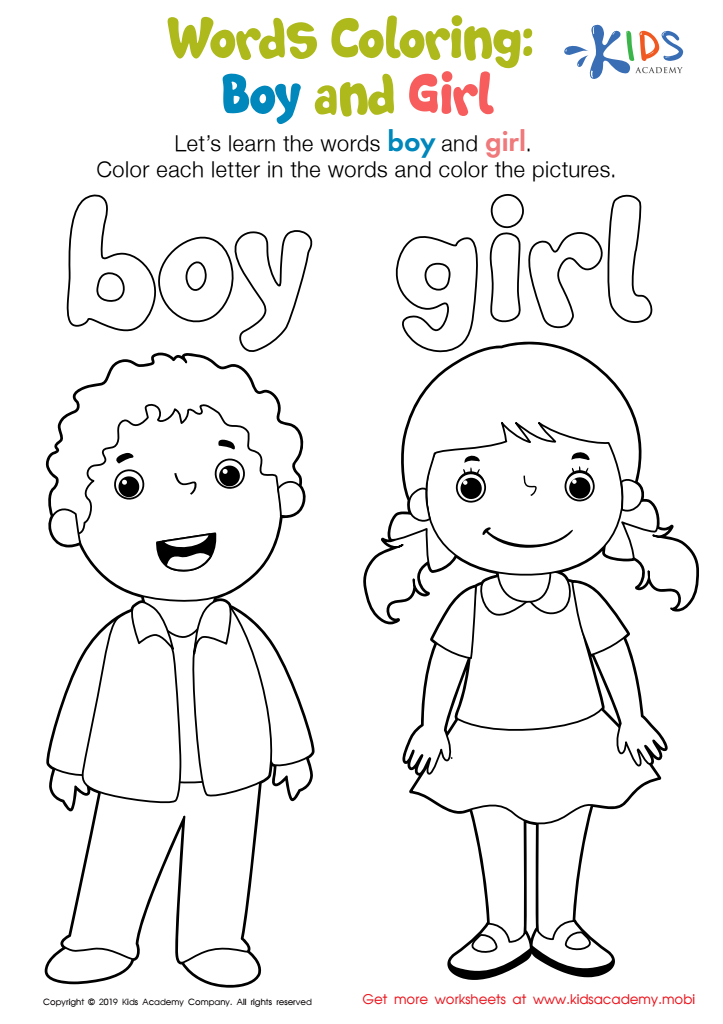 Boy and girl words coloring worksheet free coloring page printout for kids