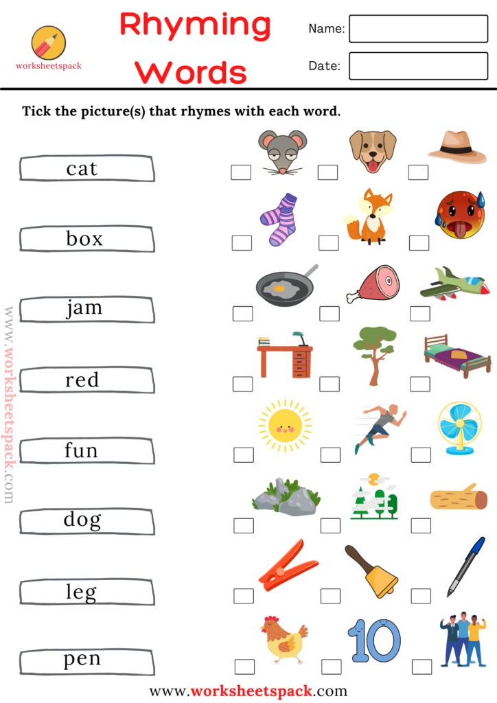 Free rhyming words worksheets pdf for kids