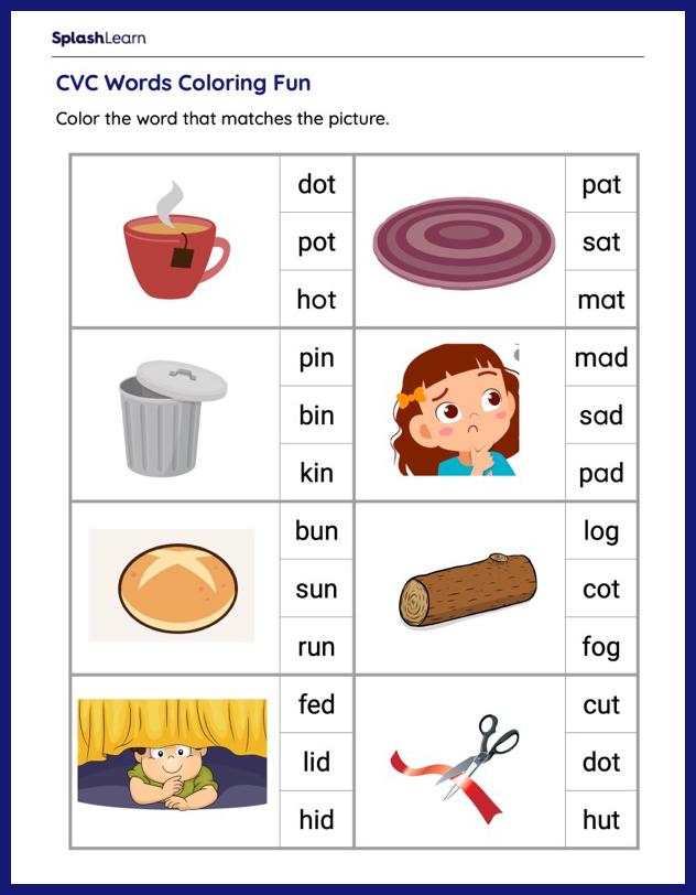 Phonics exploration coloring with cvc words â printable reading worksheet