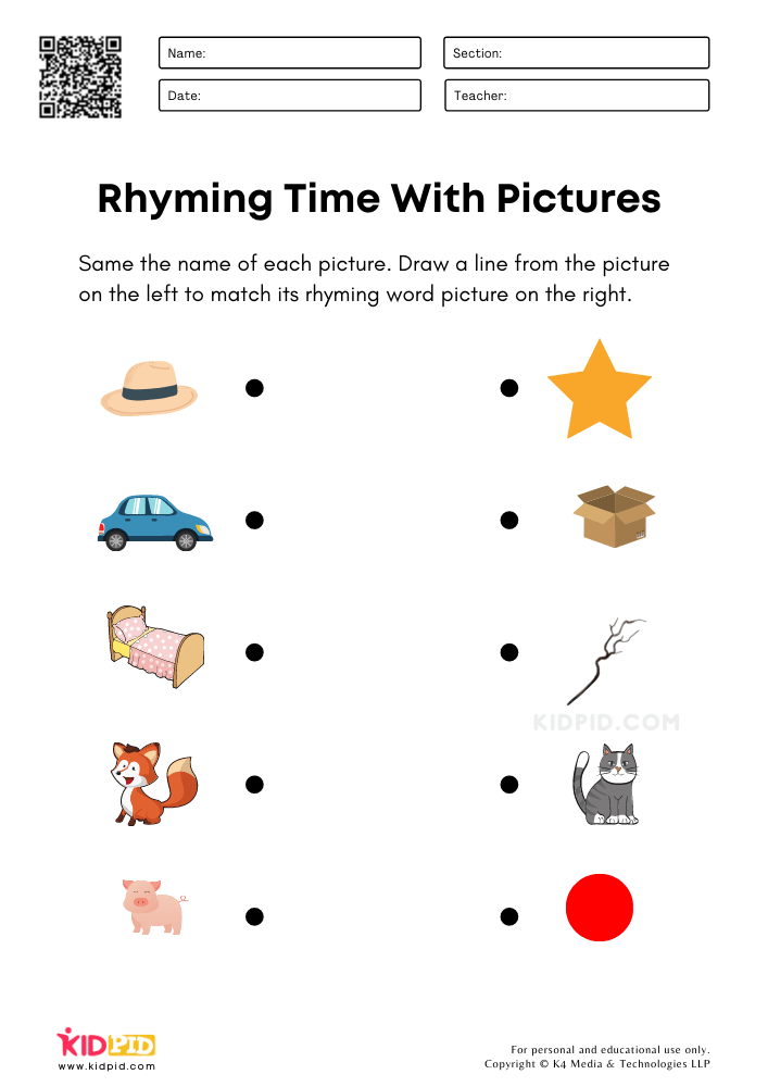 Matching rhyming words worksheets for kindergarten