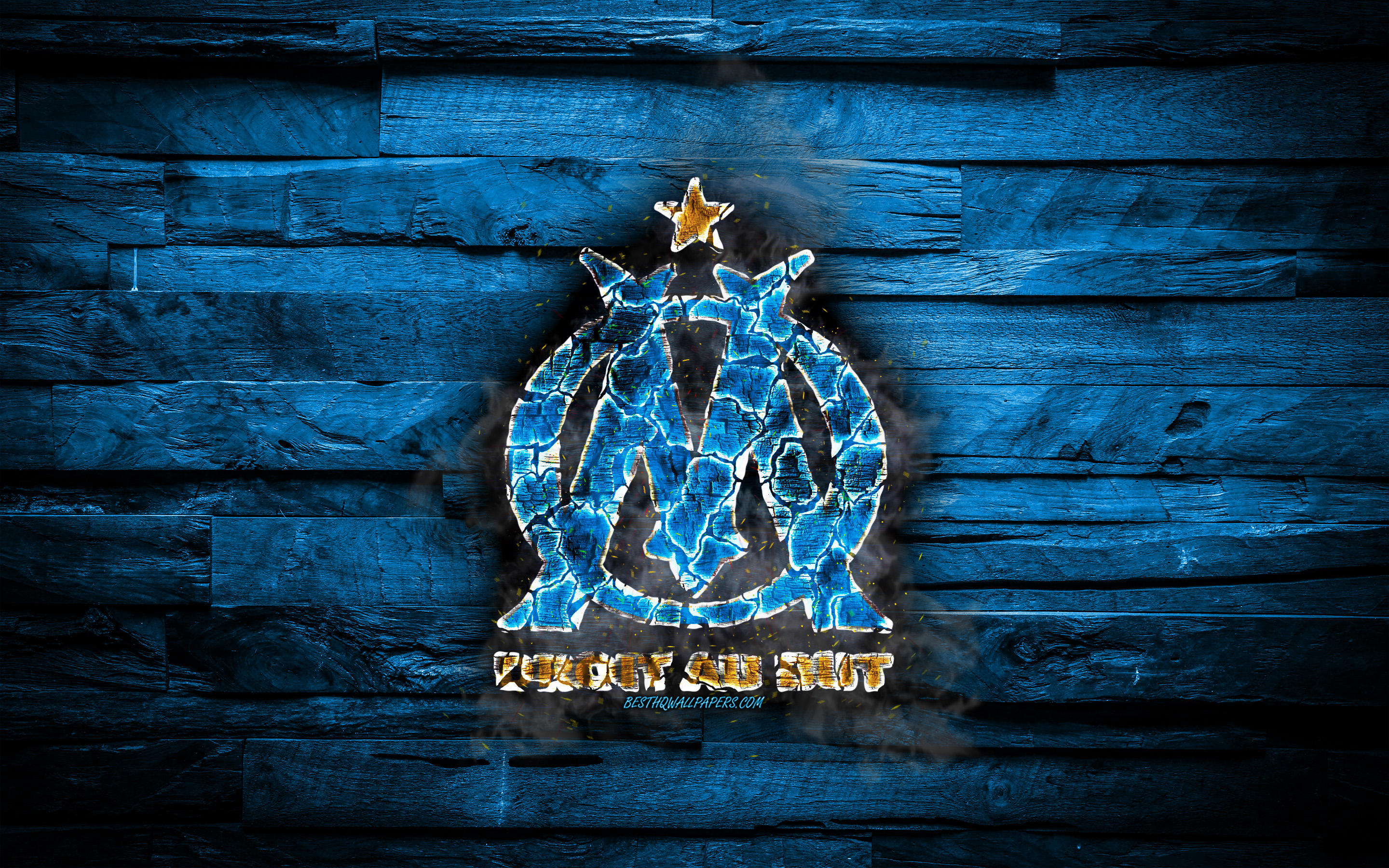 Download wallpapers olympique marseille fc fiery logo om ligue blue wooden background french football club grunge olympique de marseille football soccer olympique marseille logo fire texture france for desktop with resolution