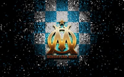 Download wallpapers olympique marseille fc glitter logo ligue blue white checkered background soccer olympique marseille french football club olympique marseille logo mosaic art football france om logo for desktop free pictures