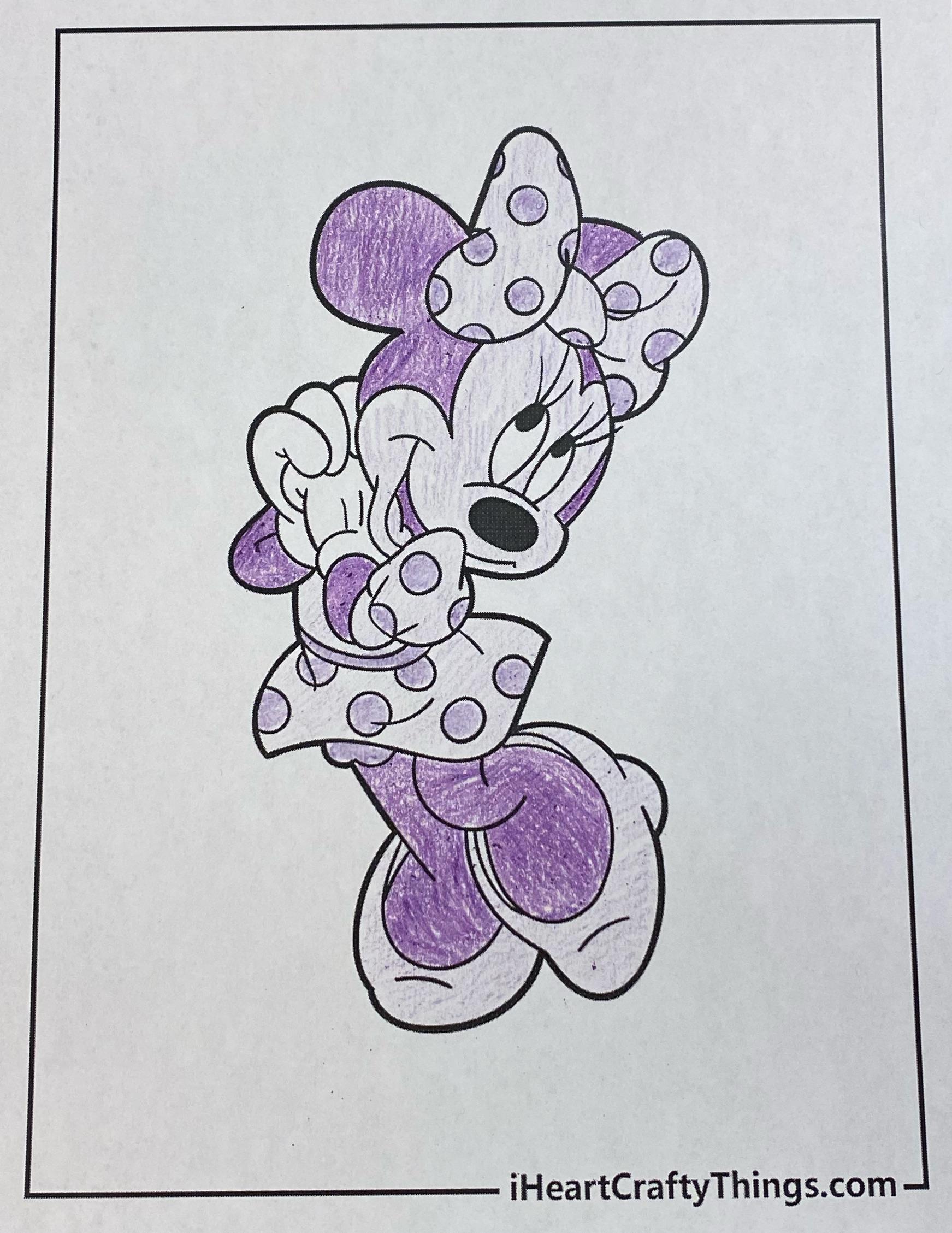 Minnie mouse coloring page pleted with a purple crayola crayon and a purple cent crayon rcoloring