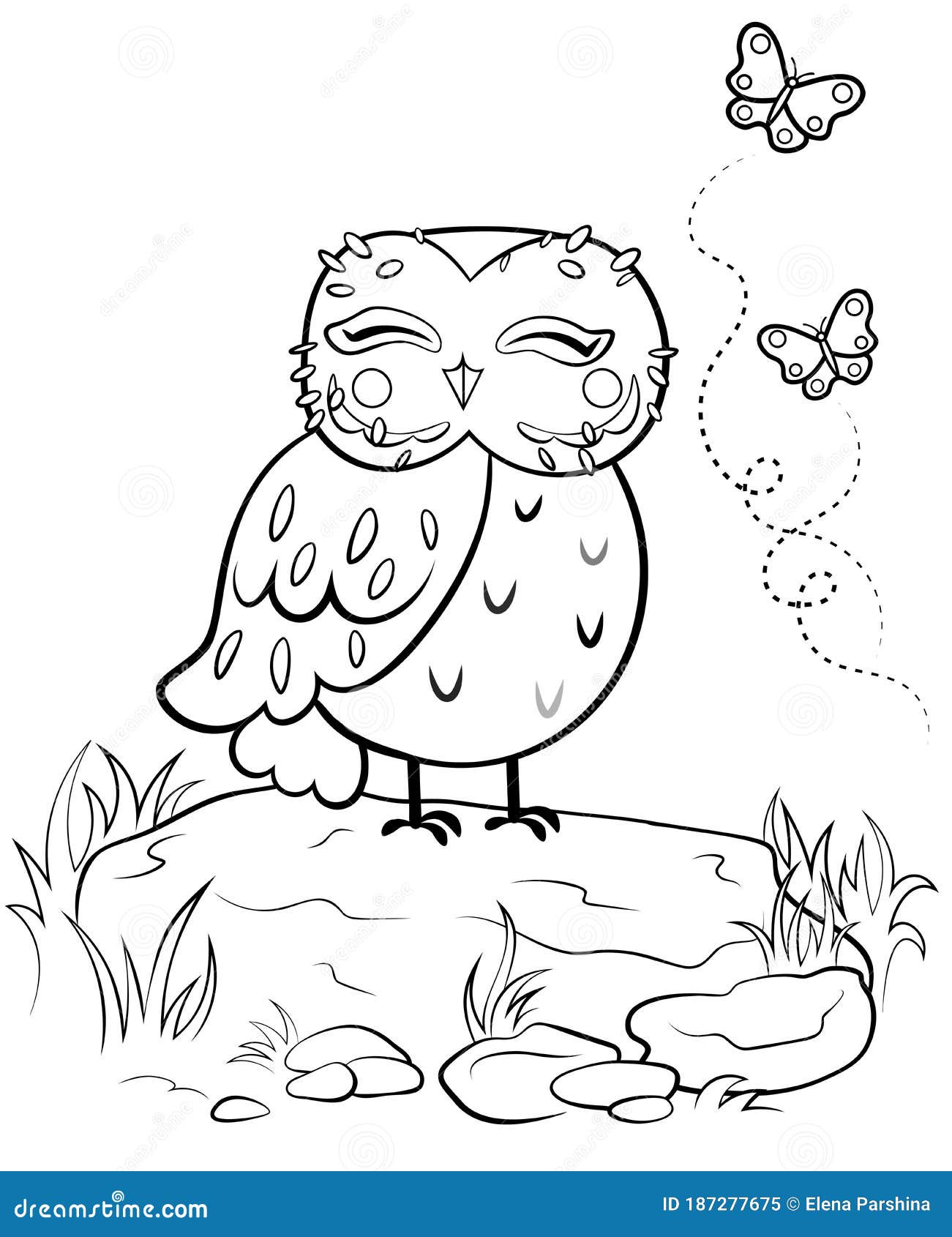 Printable coloring page outline of cute cartoon owl on stone with butterflies vector image with forest background stock vector