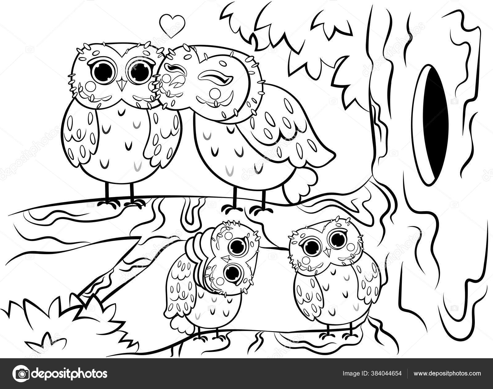 Printable coloring page outline cute cartoon owl family sitting tree stock vector by elenaparshina