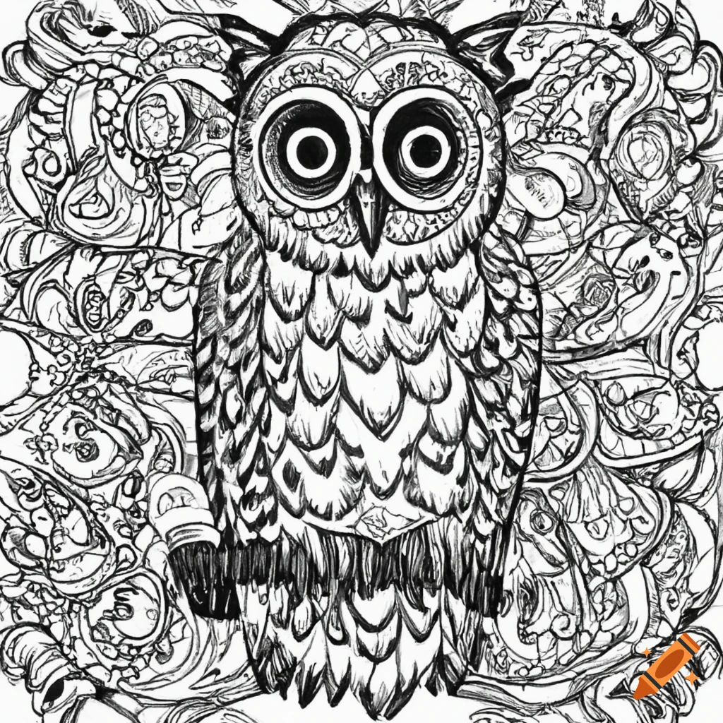 Owl coloring book design black and white outline sketch on