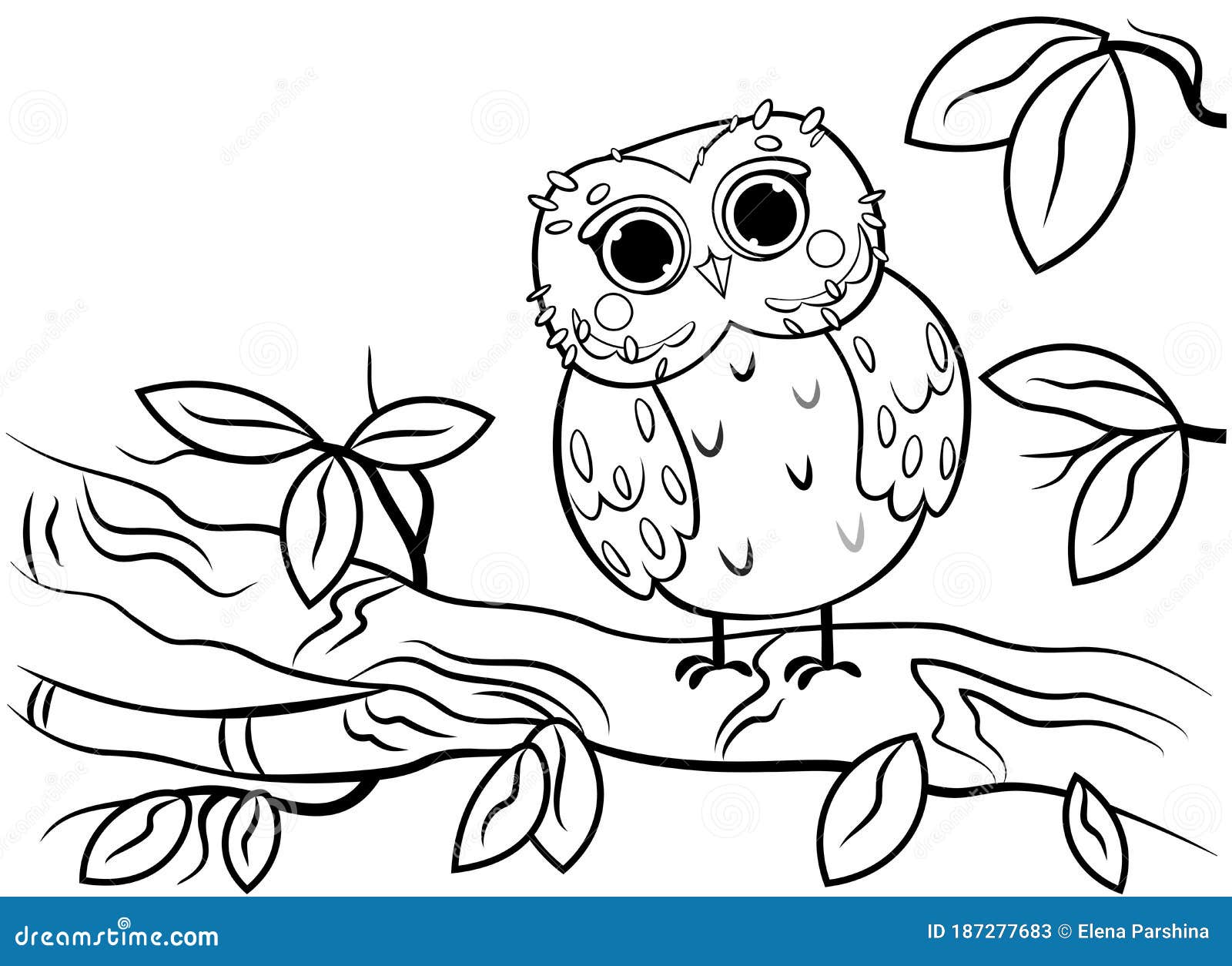Printable coloring page outline of cute cartoon owl sitting on a tree branch vector image stock vector