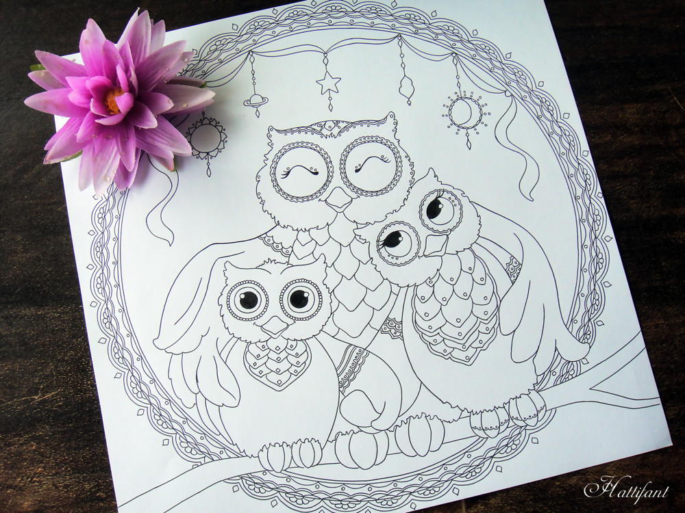 Owl family printable coloring page