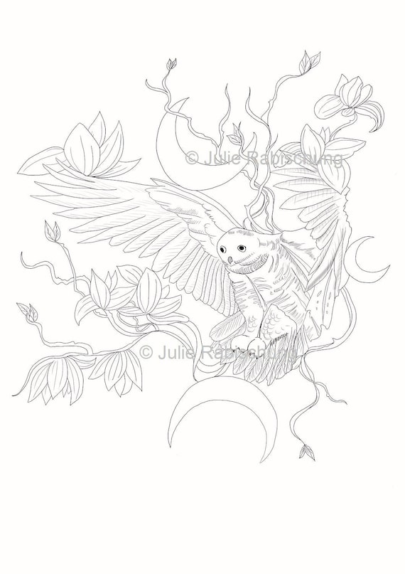 Owl coloring pageprintable owl and moon coloring pagedigital printable coloring pagetattoo design coloring bookadult coloring