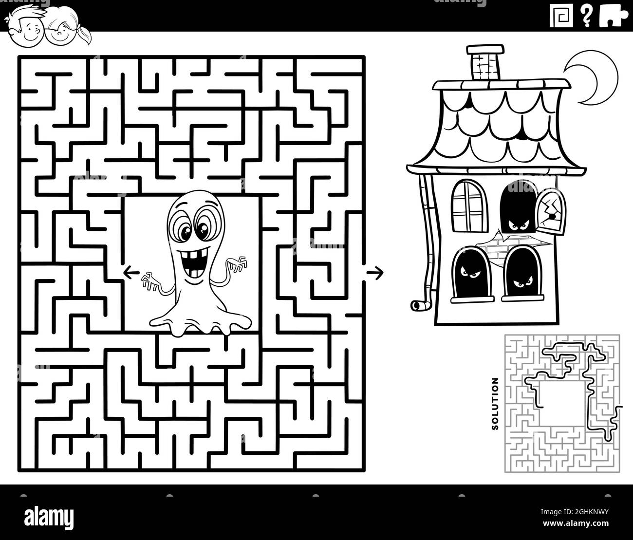 Black and white cartoon illustration of educational maze puzzle game with ghost and haunted house characters coloring book page stock vector image art