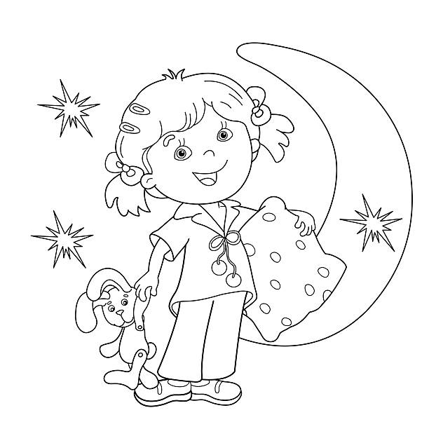 Coloring page outline of cartoon girl in pajamas with pillow stock illustration